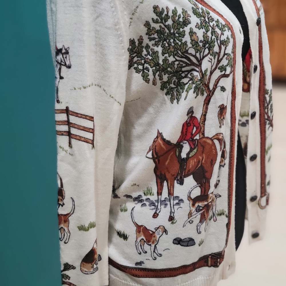J. Crew Cream Horse/Equestrian Vintage HTF Rare Cardigan Size Med. 100% Wool - Picture 3 of 9